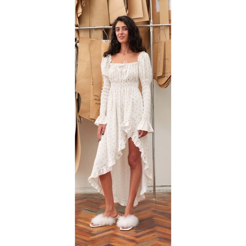 Sleeper Wild Angel Asymmetric Peasant Dress White Mimose Print Size S $370 [jb]